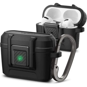 Bluetooth fülhallgató töltőtok tartó, műanyag, vezeték nélküli töltés támogatás, karabiner, Apple AirPods Pro kompatibilis, Spigen Lock Fit, fekete kép