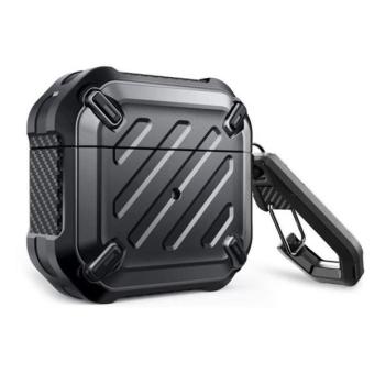 Bluetooth fülhallgató töltőtok tartó, szilikon + műanyag, vezeték nélküli töltés támogatás, karabiner, Apple AirPods 3 kompatibilis, SupCase Unicorn Beetle Pro, fekete kép