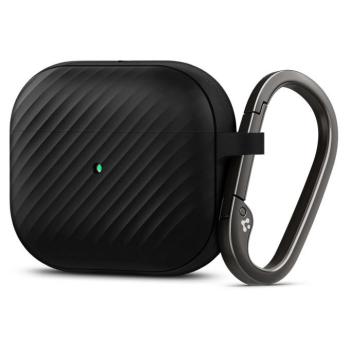 Bluetooth fülhallgató töltőtok tartó, szilikon, vezeték nélküli töltés támogatás, karabiner, karbon minta, Apple AirPods 3 kompatibilis, Spigen Core Armor, fekete kép