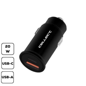 Cellect autós szivargyújtó töltő adapter gyorstöltő funkcióval, USB-A + USB-C, 20W, fekete kép