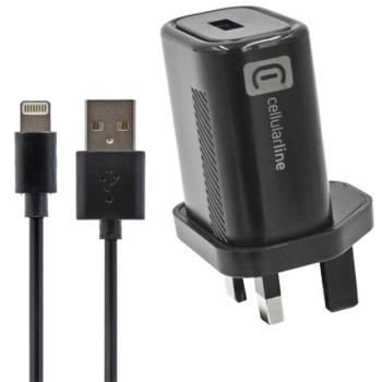 CELLULARLINE hálózati adapter USB aljzat (12W, UK, földelt, utazótöltő + lightning 8pin kábel) FEKETE Apple iPhone 7 4.7, Apple iPhone 7 Plus 5.5, Apple IPAD mini 4, Apple IPAD Pro 12.9 (2015), kép