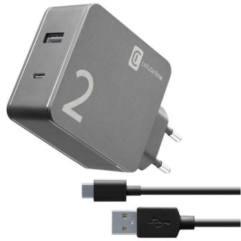 CELLULARLINE hálózati töltő USB / Type-C aljzat (5V / 2000 mAh, 48W, QC gyorstöltés támogatás + Type-C kábel) FEKETE Asus Zenfone 3 5.5 (ZE552KL), Honor 8, Sony Xperia X Compact (F5321), Sony kép