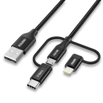 CHOETECH 3IN1 MFI kábel USB - USB type-c / micro USB / Lightning (töltés 3A / adatátvitel 480 Mbps) 1.2m fekete (IP0030-BK) kép