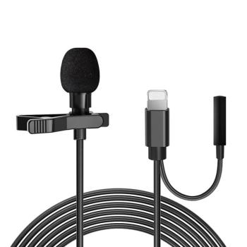 Csiptethető mikrofon 3.5mm jack aljzat / iPhone 8pin csatlakozóval, fém gallércsipesszel, fekete, Techsuit WL1 kép