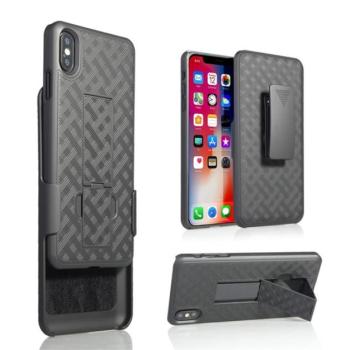 Defender műanyag telefonvédő (közepesen ütésálló, asztali tartó, 360° védelem, övcsipesz, rács minta) FEKETE Apple iPhone XS Max 6.5 kép