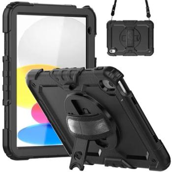 Defender műanyag telefonvédő (közepesen ütésálló, kitámasztó, 360°-ban forgatható + kézpánt, vállpánt) FEKETE Apple IPAD 10.9 (2022) kép