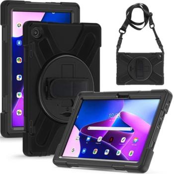 Defender műanyag telefonvédő (közepesen ütésálló, kitámasztó, 360°-ban forgatható + kézpánt, vállpánt) FEKETE Lenovo Tab M10 (TB-328) kép