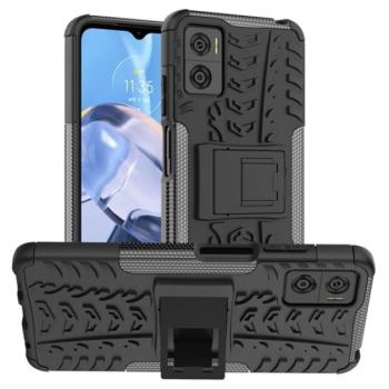 Defender műanyag telefonvédő (közepesen ütésálló, szilikon belső, kitámasztó, autógumi minta) FEKETE Motorola Moto E22 (XT2239), Motorola Moto E22i kép