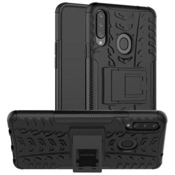 Defender műanyag telefonvédő (közepesen ütésálló, szilikon belső, kitámasztó, autógumi minta) FEKETE Samsung Galaxy A20s (SM-A207F) kép