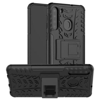 Defender műanyag telefonvédő (közepesen ütésálló, szilikon belső, kitámasztó, autógumi minta) FEKETE Samsung Galaxy A21 (SM-A210F) kép