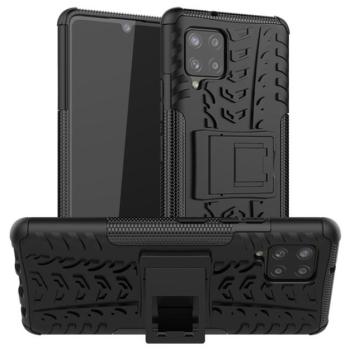 Defender műanyag telefonvédő (közepesen ütésálló, szilikon belső, kitámasztó, autógumi minta) FEKETE Samsung Galaxy A42 5G (SM-A425F) kép