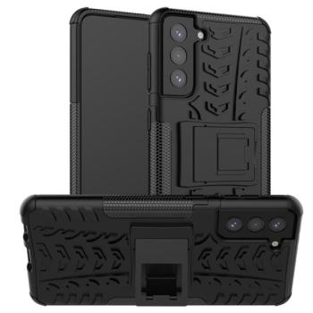 Defender műanyag telefonvédő (közepesen ütésálló, szilikon belső, kitámasztó, autógumi minta) FEKETE Samsung Galaxy S21 Plus (SM-G996) 5G kép