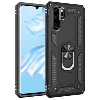 Defender műanyag telefonvédő (közepesen ütésálló, szilikon belső, telefontartó gyűrű, beépített fémlemez) FEKETE Huawei P30 Pro kép