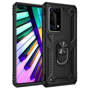Defender műanyag telefonvédő (közepesen ütésálló, szilikon belső, telefontartó gyűrű, beépített fémlemez) FEKETE Huawei P40 kép