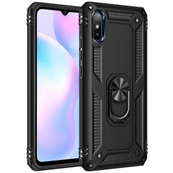 Defender műanyag telefonvédő (közepesen ütésálló, szilikon belső, telefontartó gyűrű, beépített fémlemez) FEKETE Xiaomi Redmi 9A (Redmi 9 AT) kép