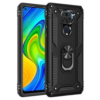 Defender műanyag telefonvédő (közepesen ütésálló, szilikon belső, telefontartó gyűrű, beépített fémlemez) FEKETE Xiaomi Redmi Note 9 (10X 4G) kép