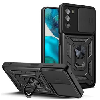 Defender műanyag telefonvédő (közepesen ütésálló, szilikon belső, telefontartó gyűrű, kamera védelem) FEKETE Motorola Moto G52, Motorola Moto G82 (XT2225) kép