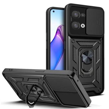 Defender műanyag telefonvédő (közepesen ütésálló, szilikon belső, telefontartó gyűrű, kamera védelem) FEKETE Oppo Reno 8 kép