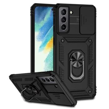 Defender műanyag telefonvédő (közepesen ütésálló, szilikon belső, telefontartó gyűrű, kamera védelem) FEKETE Samsung Galaxy S21 FE (SM-G990) kép
