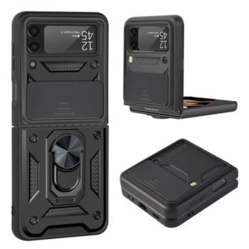 Defender műanyag telefonvédő (közepesen ütésálló, szilikon belső, telefontartó gyűrű, kamera védelem) FEKETE Samsung Galaxy Z Flip3 5G (SM-F711) kép