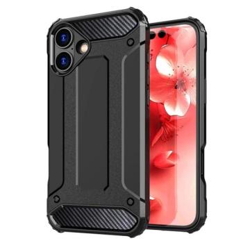 Defender műanyag telefonvédő (ütésállóság, légpárnás sarok, szilikon belső, fémhatás) FEKETE Apple iPhone 16 kép