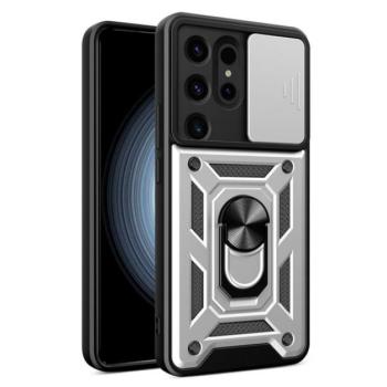 Defender műanyag telefonvédő (ütésállóság, szilikon belső, tartógyűrű, kameravédő) EZÜST Samsung Galaxy S24 Ultra (SM-S928) kép