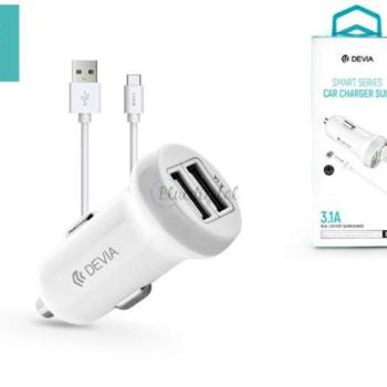 Devia 2xUSB szivargyújtó töltő adapter + USB - Type-C kábel 1 m-es vezetékkel - 5V/3,1A - Devia Smart Series Car Charger Suit - fehér kép