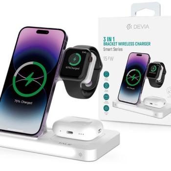 Devia Qi univerzális vezeték nélküli töltő állomás - 15W - Devia Smart Series 3 In 1 Bracket Wireless Charger for Smartphone + iWatch + Airpods - fehér kép