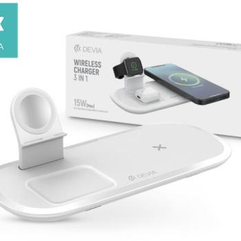 Devia Qi univerzális vezeték nélküli töltő állomás - 15W - Devia V.5 3in1 Wireless Charger for Smartphone + Apple Watch + Earphone - fehér kép