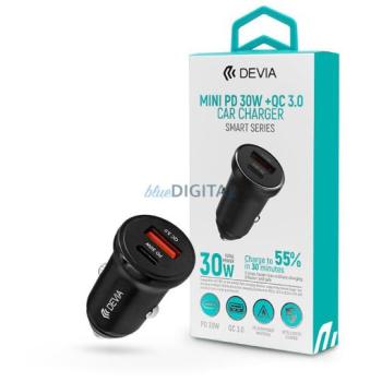 Devia Smart Series 30W PD+QC autós gyorstöltő adapter USB+Type-C - fekete kép