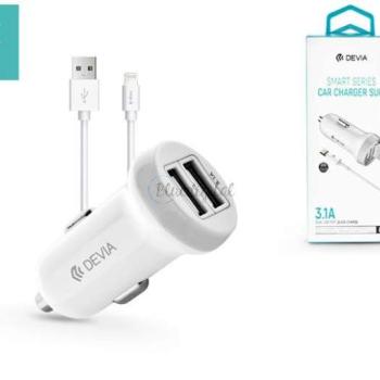 Devia szivargyújtós töltő adapter 2xUSB bemenettel + USB - Lightning kábel - 5V/3,1A - Devia Smart Series Dual Car Charger Suit - fehér kép