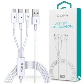 Devia USB töltőkábel 1,2 m-es vezetékkel - Devia Smart Series 3in1 for Lightning/micro USB/Type-C - 2A - fehér kép