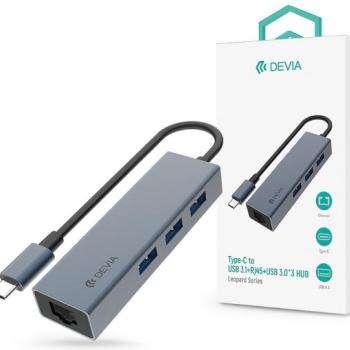 Devia USB Type-C - USB 3.1 + RJ45 + 3xUSB 3.0 elosztó/adapter - Devia Leopard Series 5 in 1 Hub - szürke kép