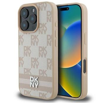 DKNY Checkered Pattern &amp; Printed Stripes iPhone 16 Pro hátlap tok, rózsaszín DKHCP16LPCPTSSP kép