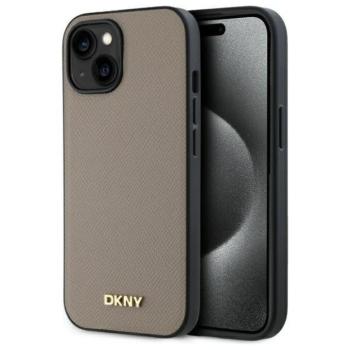 DKNY DKHMP15SPGHLME Grained Metal Logo MagSafe-kompatibilis tok iPhone 15 - bézs kép