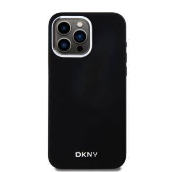 DKNY Liquid Silicone Silver Metal Logo Magsafe iPhone 15 Pro Max hátlap tok, fekete kép