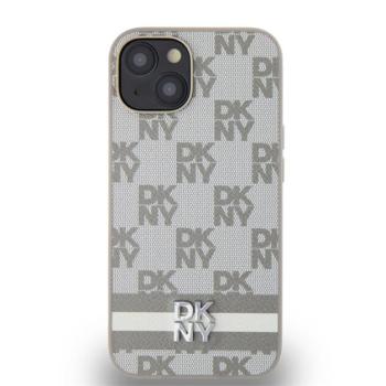 DKNY PU Leather Checkered Pattern and Stripe Apple iPhone 15 hátlap tok, bézs kép