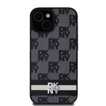 DKNY PU Leather Checkered Pattern and Stripe Apple iPhone 15 hátlap tok, fekete kép