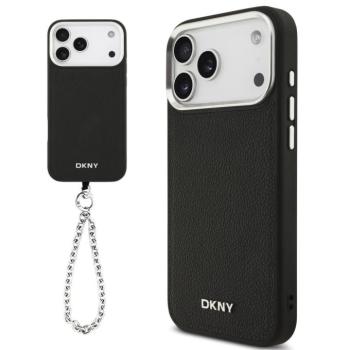 DKNY PU Leather Metal Logo Wrist Chain Apple iPhone 17 Pro hátlap tok csuklópánttal, MagSafe, fekete-ezüst kép