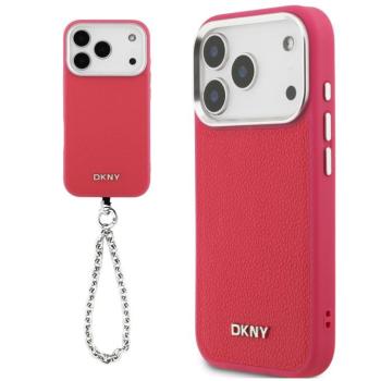 DKNY PU Leather Metal Logo Wrist Chain Apple iPhone 17 Pro Max hátlap tok csuklópánttal, MagSafe, rózsaszín-ezüst kép