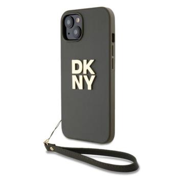 DKNY PU Leather Stack Logo Apple iPhone 13 hátlap tok csuklópánttal, barna kép
