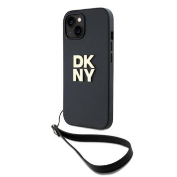 DKNY PU Leather Stack Logo Apple iPhone 13 hátlap tok csuklópánttal, fekete kép