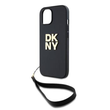 DKNY PU Leather Stack Logo Apple iPhone 14 hátlap tok csuklópánttal, fekete kép
