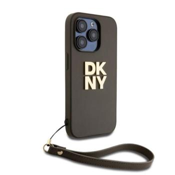 DKNY PU Leather Stack Logo Apple iPhone 14 Pro hátlap tok csuklópánttal, barna kép