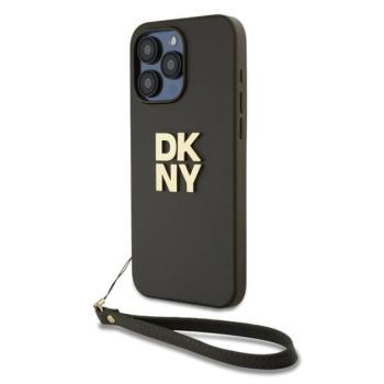 DKNY PU Leather Stack Logo Apple iPhone 14 Pro Max hátlap tok csuklópánttal, barna kép