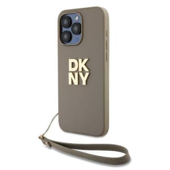 DKNY PU Leather Stack Logo Apple iPhone 14 Pro Max hátlap tok csuklópánttal, bézs kép