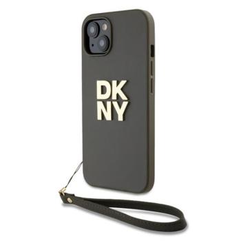 DKNY PU Leather Stack Logo Apple iPhone 15 hátlap tok csuklópánttal, barna kép
