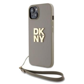 DKNY PU Leather Stack Logo Apple iPhone 15 hátlap tok csuklópánttal, bézs kép