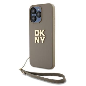DKNY PU Leather Stack Logo Apple iPhone 15 Pro hátlap tok csuklópánttal, bézs kép