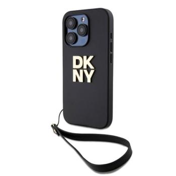 DKNY PU Leather Stack Logo Apple iPhone 15 Pro Max hátlap tok csuklópánttal, fekete kép